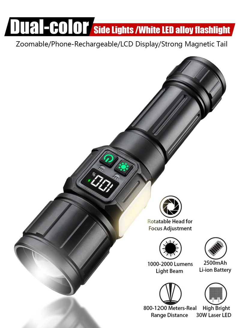 Leon Home Dual-color Side Lights /White LED alloy flashlight|Rechargeable LED Flashlight |Camping Flashlight | 30W High-Power Bulb, High-Quality and Corrosion-Resistant Aluminum Alloy Body, Magnetic Base with COB Side Lighting, Suitable for Various Occasions. Two-Year Warranty. - Image 1